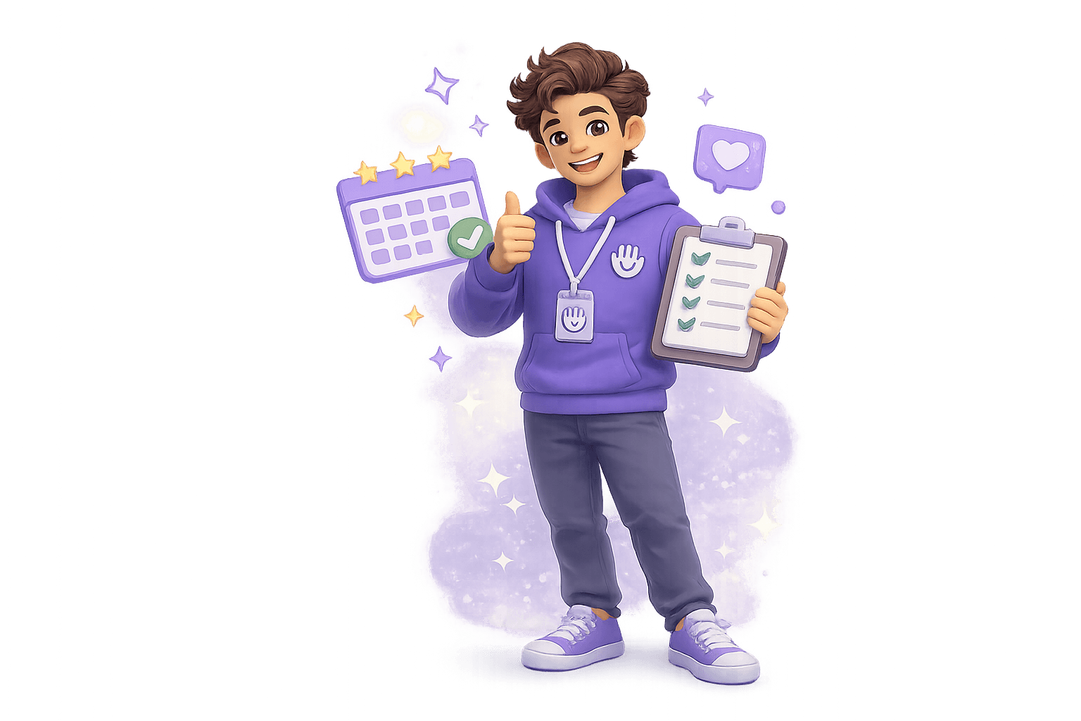 A cheerful Scratcher holding a schedule and a checklist